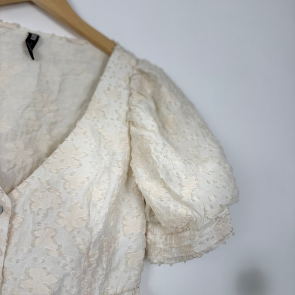 Zara‎ Floral Texture Peplum Top Womens Size S Puff Sleeve Blouse Cream - Picture 4 of 16